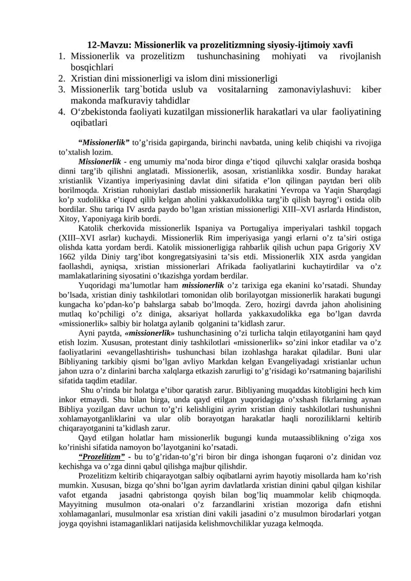 Missionerlik va Prozelitizmning Siyosiy-Ijtimoiy Xavfi