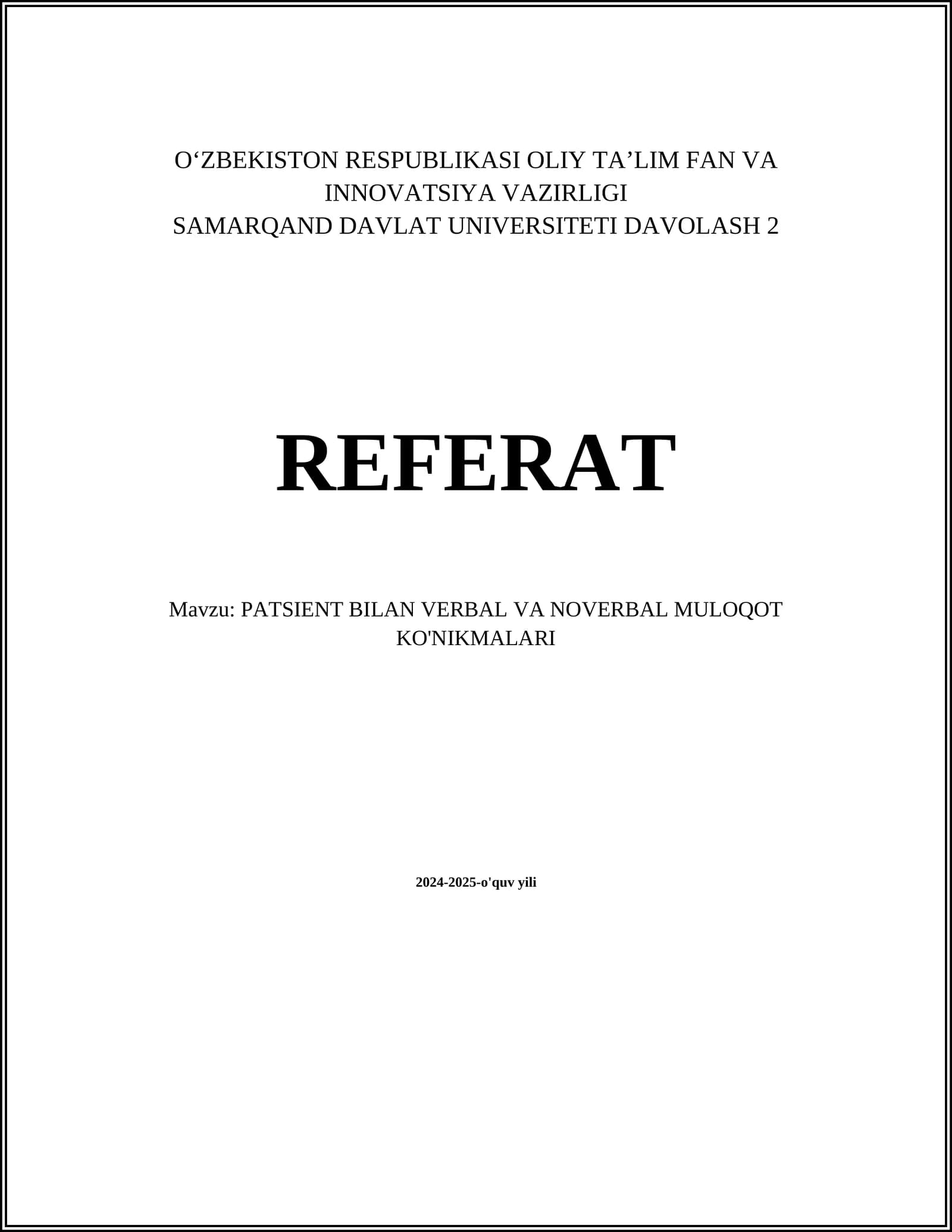 PATSIENT BILAN VERBAL VA NOVERBAL MULOQOT KO'NIKMALARI