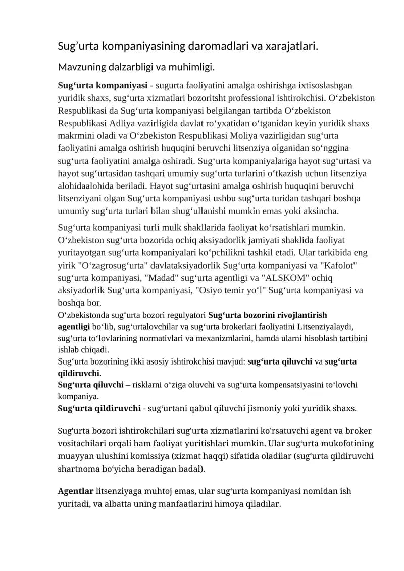 Sug’urta kompaniyasining daromadlari va xarajatlari