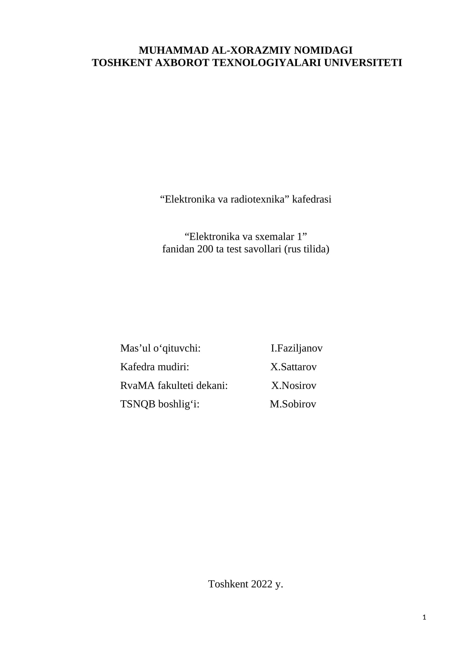 Elektronika va sxemalar 1 - fanidan 200 ta test savollari