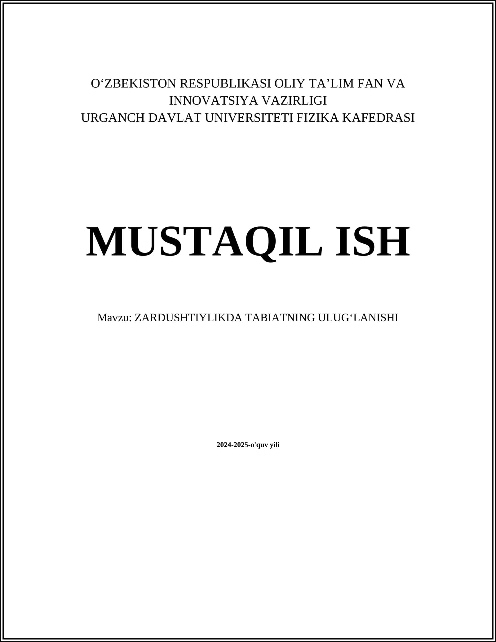 ZARDUSHTIYLIKDA TABIATNING ULUGʻLANISHI