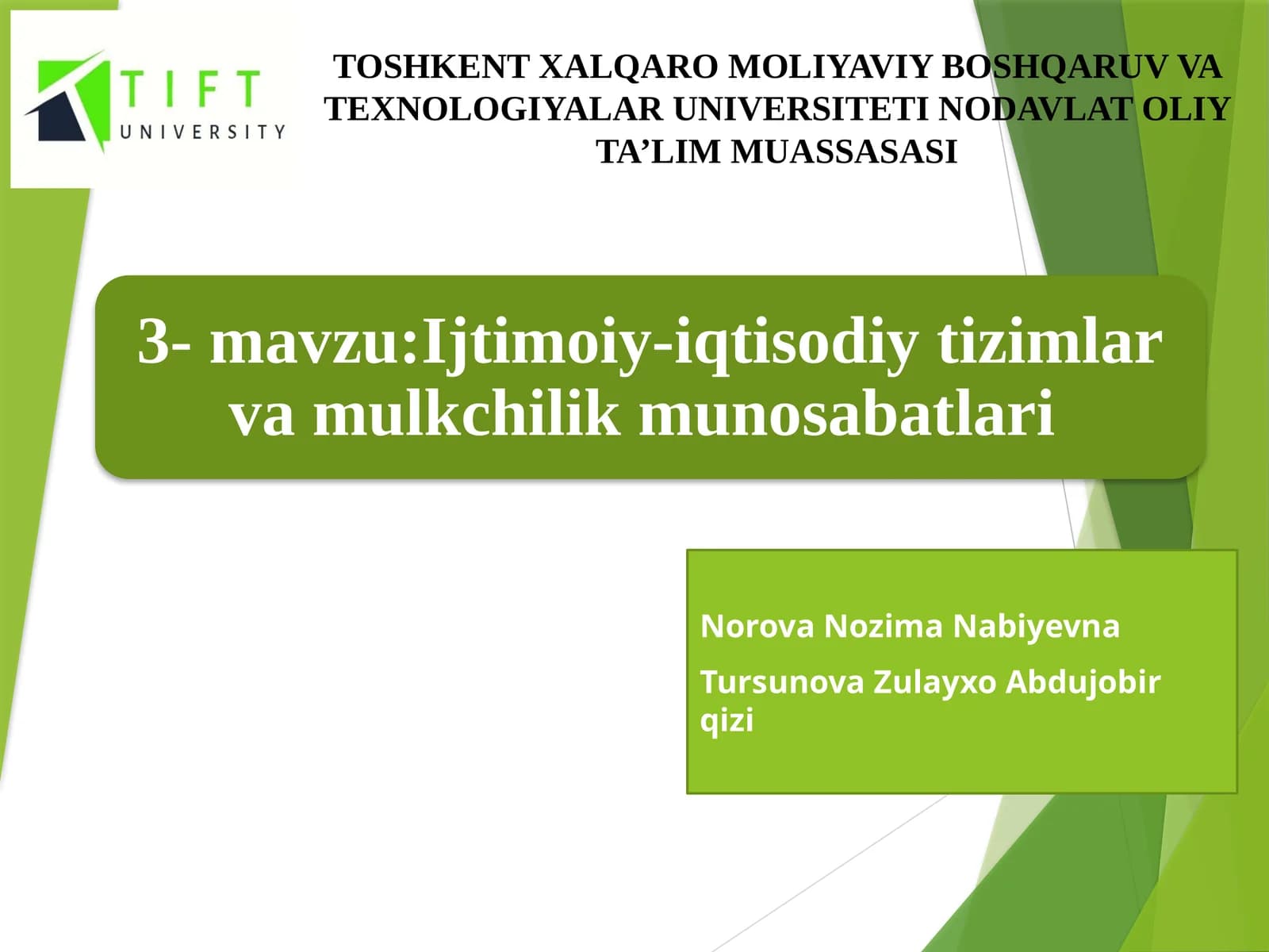 TOSHKENT XALQARO MOLIYAVIY BOSHQARUV VA TEXNOLOGIYALAR UNIVERSITETI NODAVLAT OLIY TA’LIM MUASSASASI
