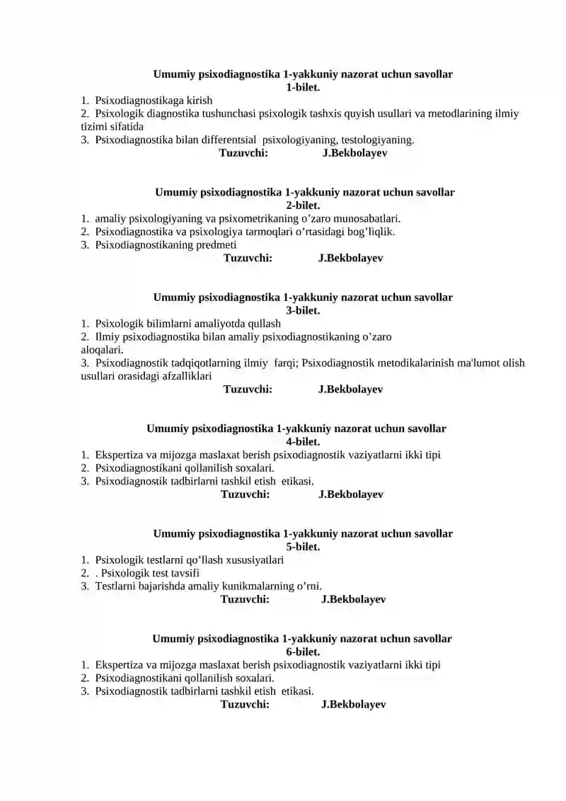 Umumiy psixodiagnostika 1-yakkuniy nazorat uchun savollar
