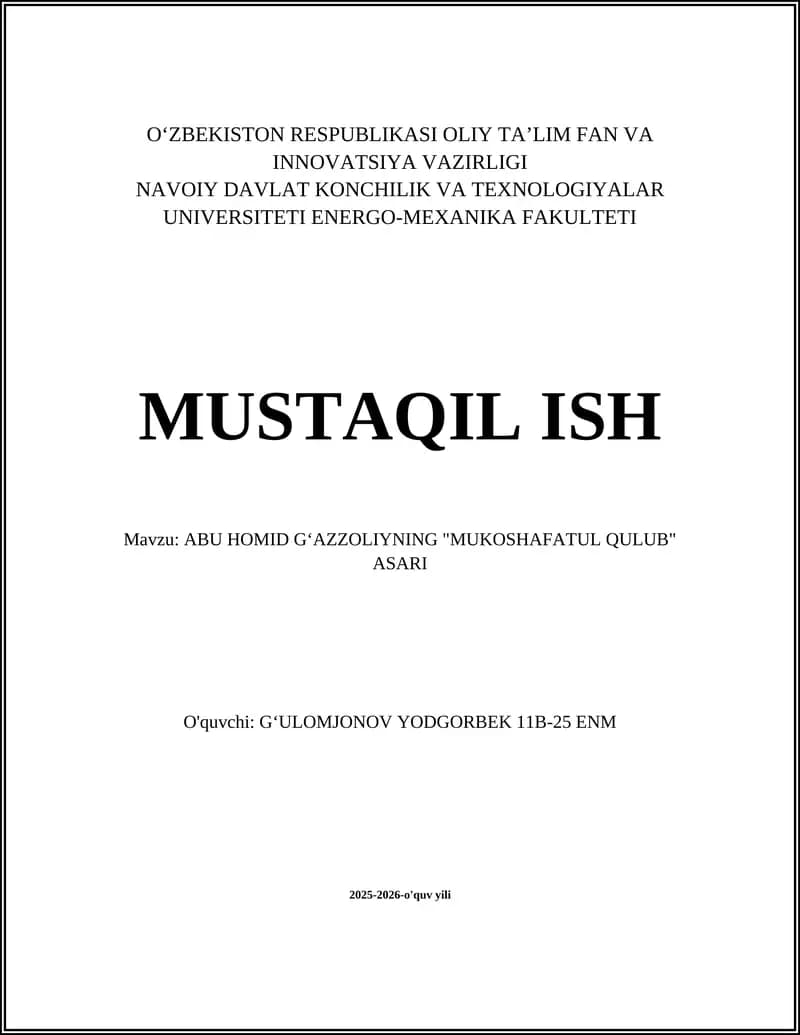 ABU HOMID GʻAZZOLIYNING "MUKOSHAFATUL QULUB" ASARI