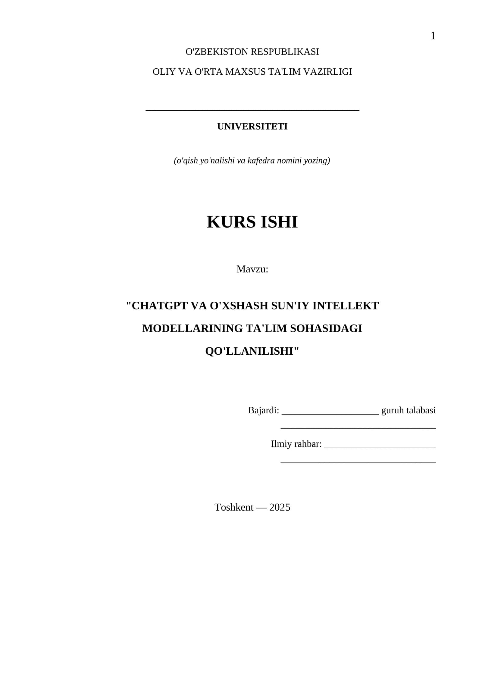 CHATGPT VA O'XSHASH SUN'IY INTELLEKT MODELLARINING TA'LIM SOHASIDAGI QO'LLANILISHI