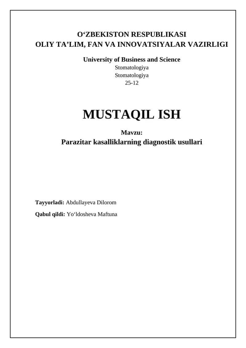 Parazitar kasalliklarning diagnostik usullari