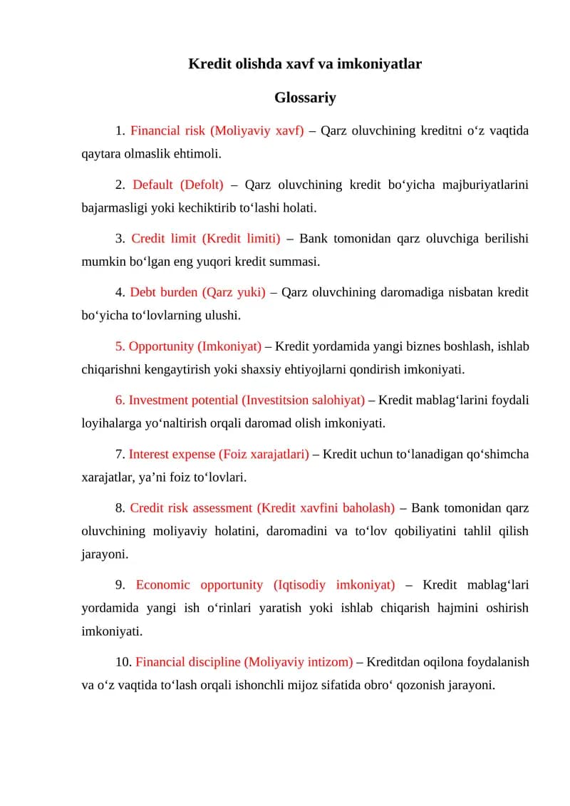 Glossariy: Kredit olishda xavf va imkoniyatlar