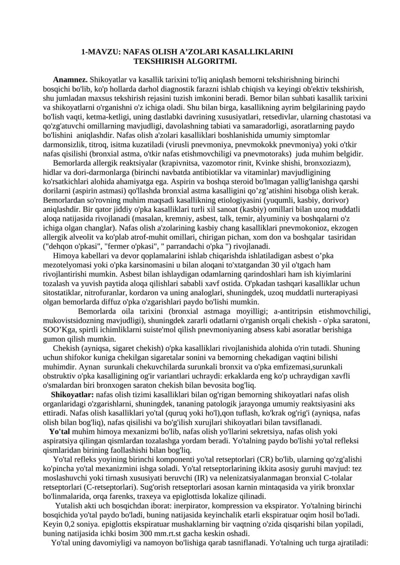 NAFAS OLISH A’ZOLARI KASALLIKLARINI