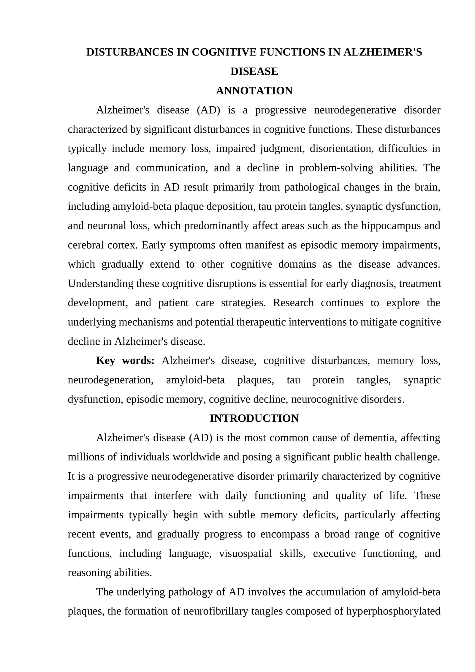DISTURBANCES IN COGNITIVE FUNCTIONS IN ALZHEIMER'S DISEASE