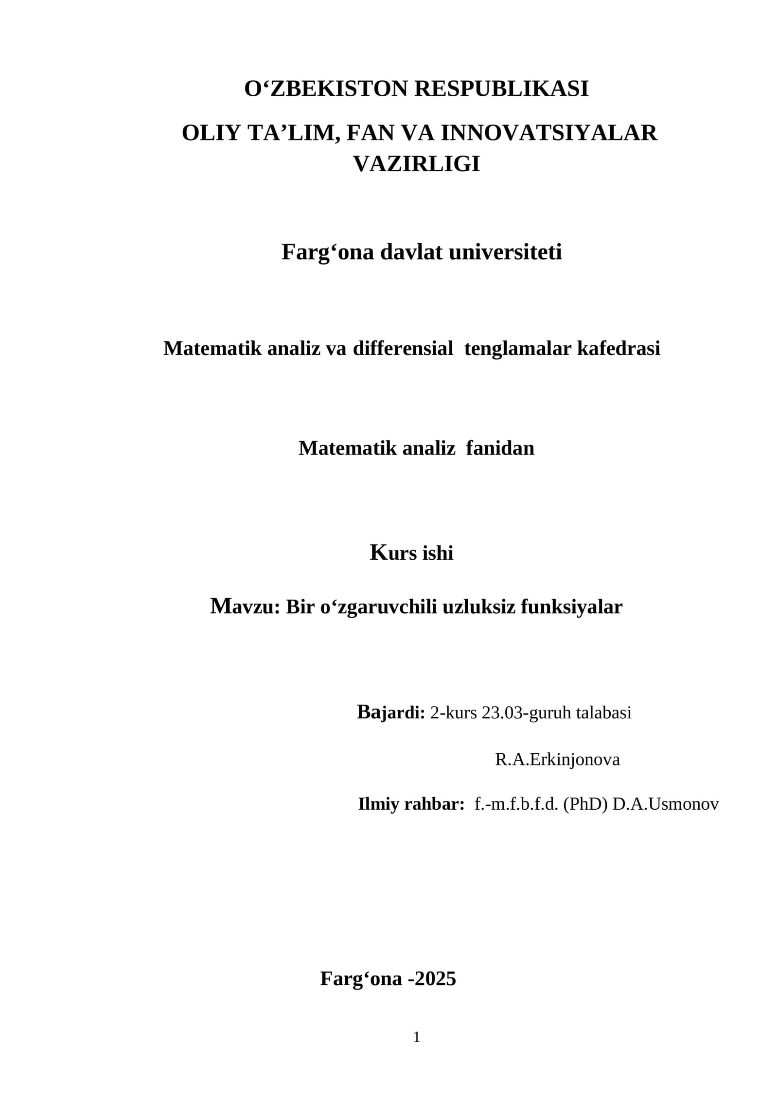 Bir o‘zgaruvchili uzluksiz funksiyalar kurs ishi
