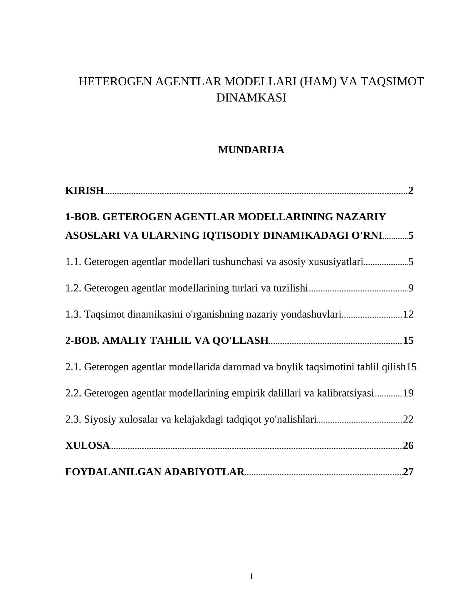 HETEROGEN AGENTLAR MODELLARI (HAM) VA TAQSIMOT DINAMKASI