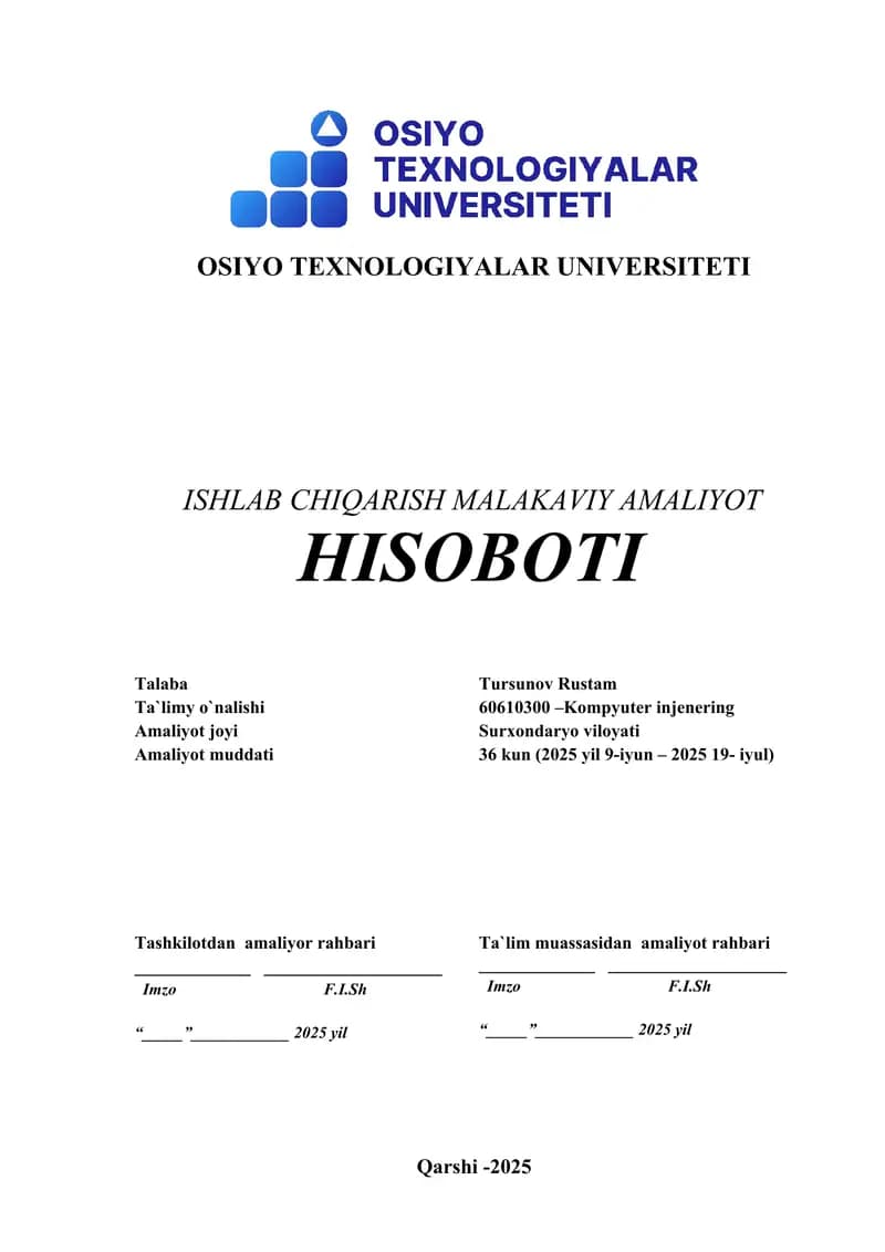 Ishlab chiqarish malakaviy amaliyot hisoboti