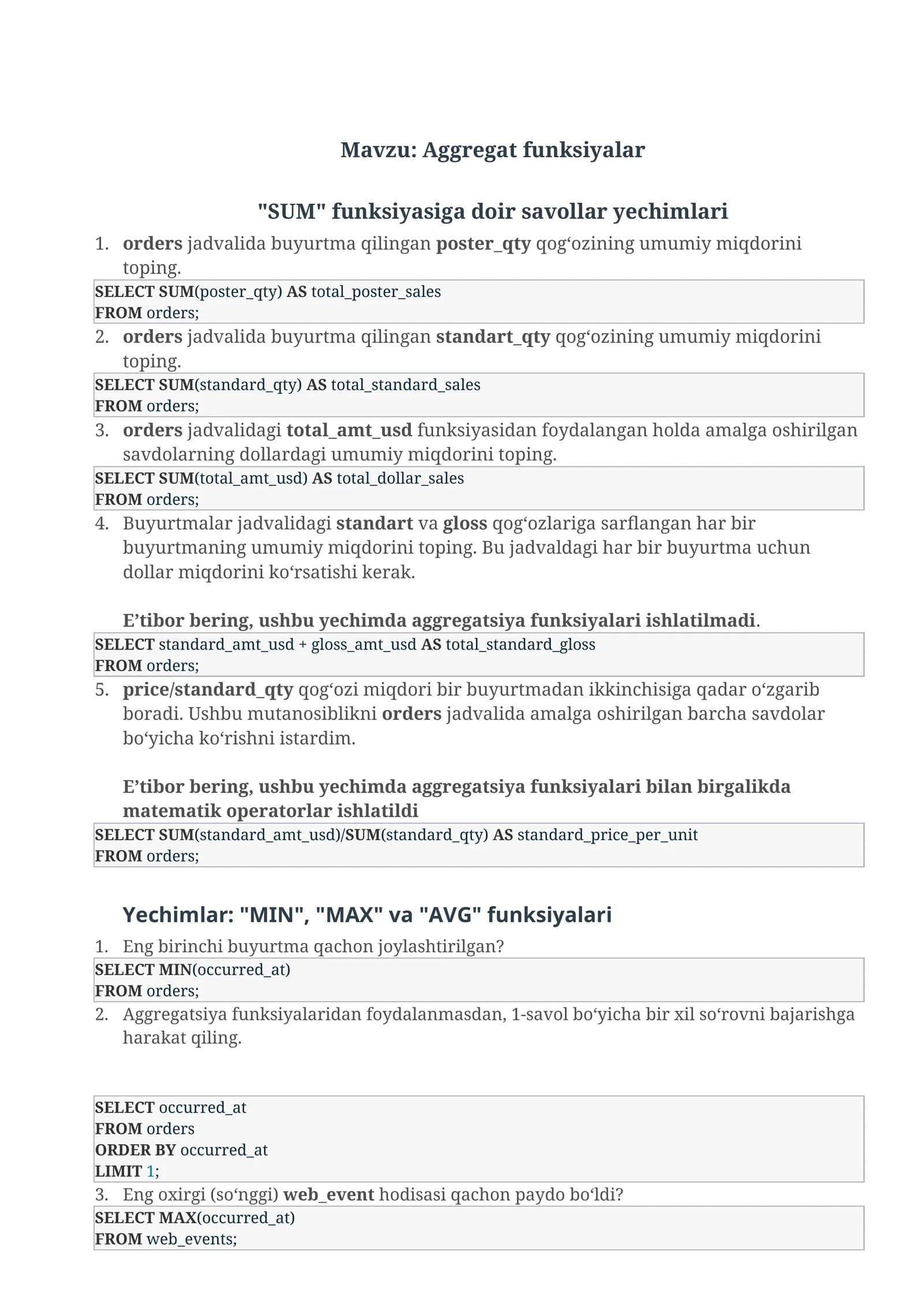 Aggregat funksiyalar