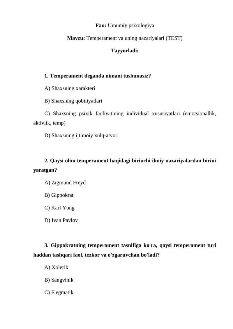 Temperament va uning nazariyalari (TEST)