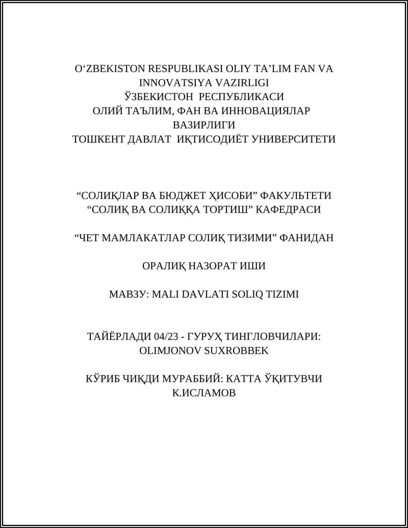 MALI DAVLATI SOLIQ TIZIMI