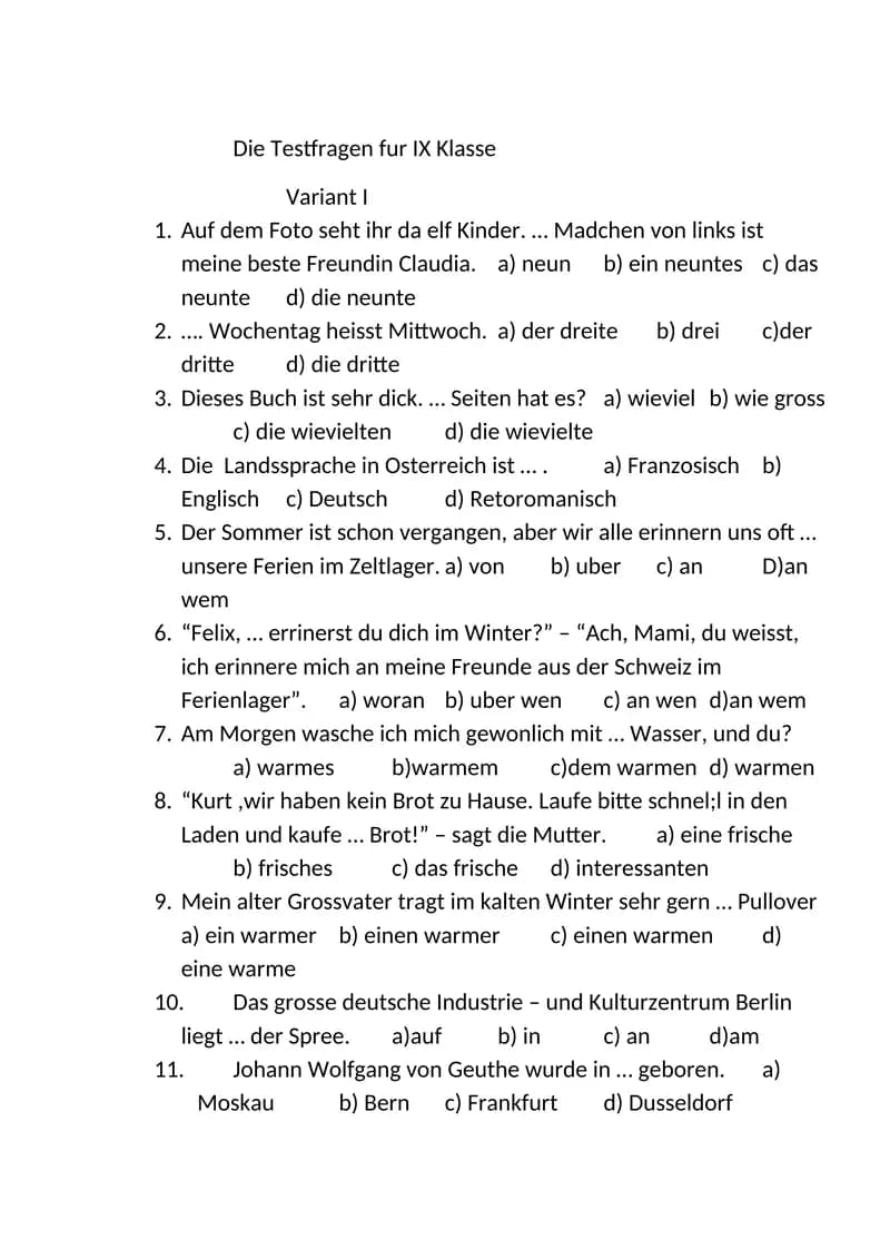 Die Testfragen fur IX Klasse
