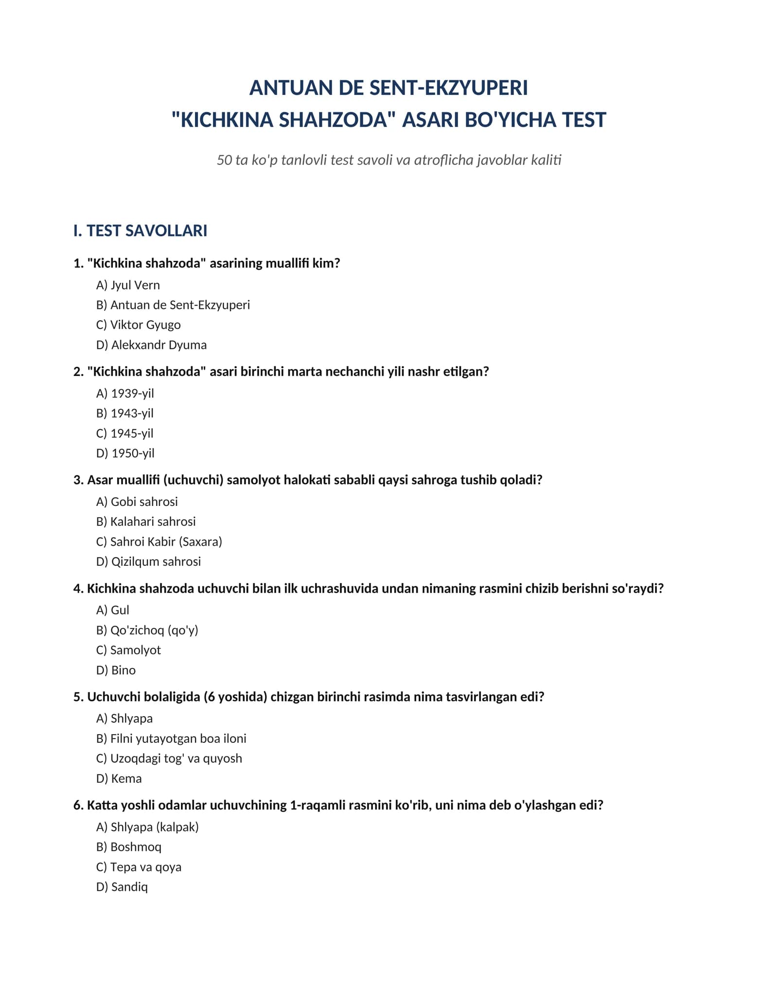 Kichkina shahzoda asari bo'yicha 50 ta savollik test javoblari bilan