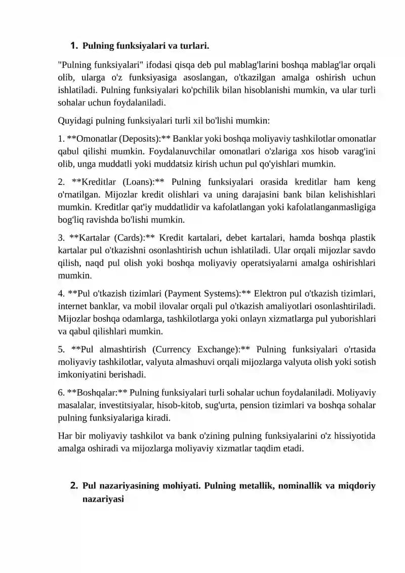 Pulning funksiyalari va turlari