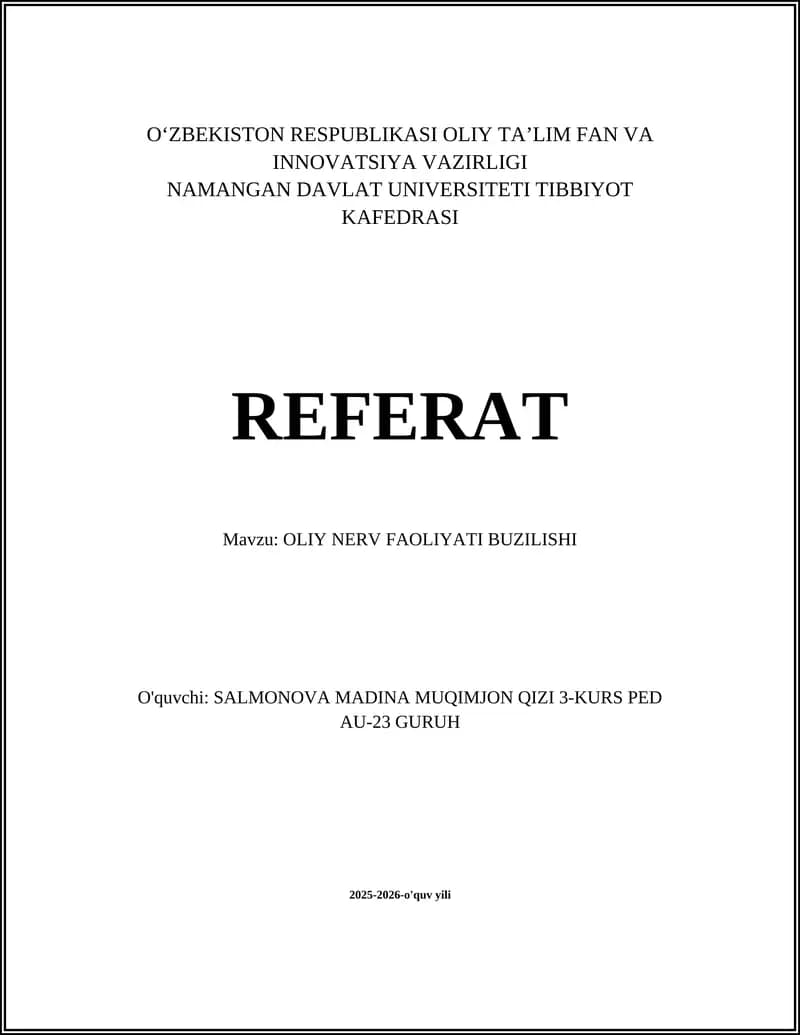 OLIY NERV FAOLIYATI BUZILISHI