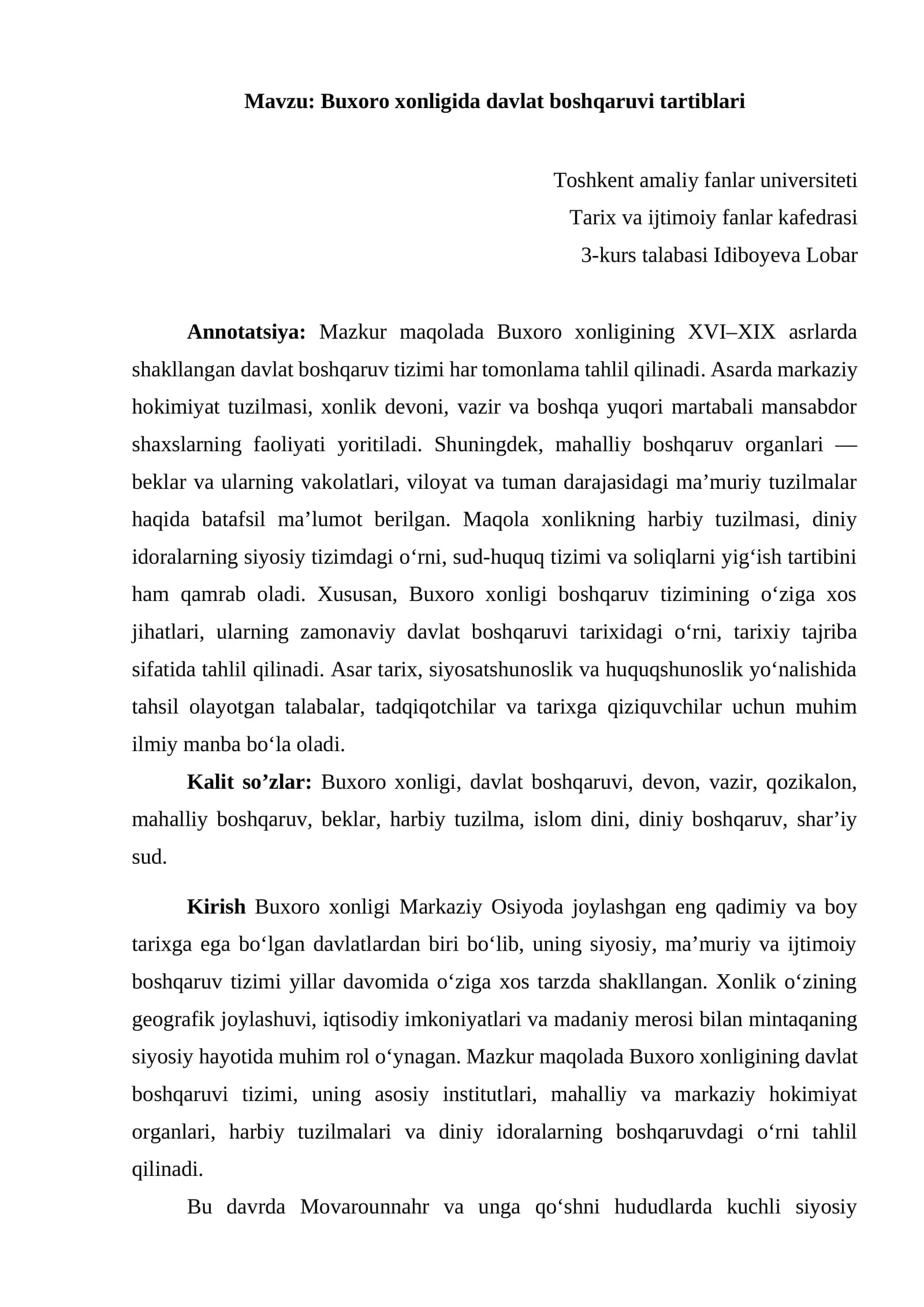Buxoro xonligida davlat boshqaruvi tartiblari