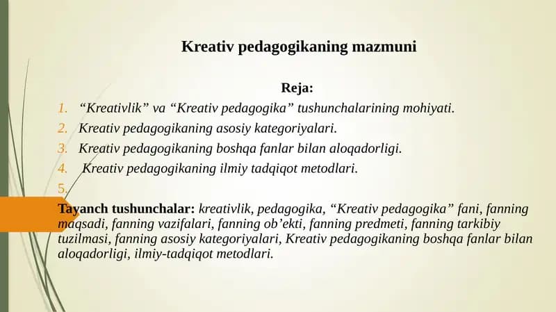 Kreativ pedagogikaning mazmuni (TAQDIMOT)