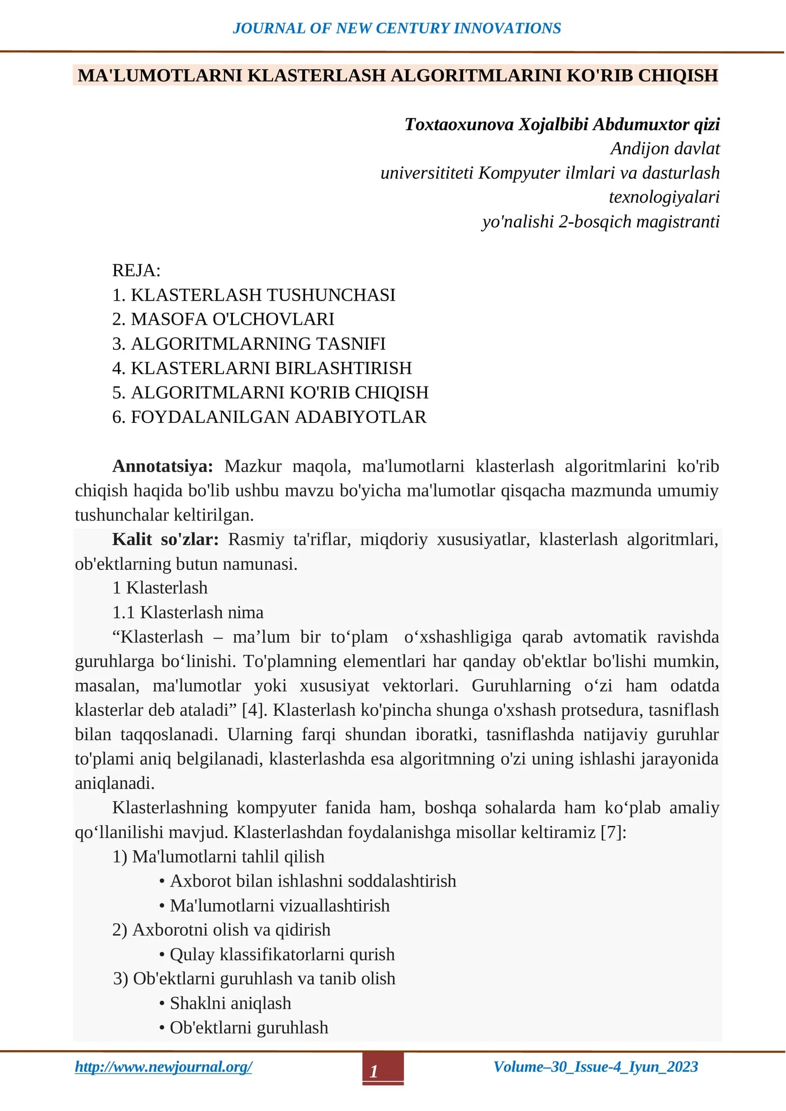 MA'LUMOTLARNI KLASTERLASH ALGORITMLARINI KO'RIB CHIQISH