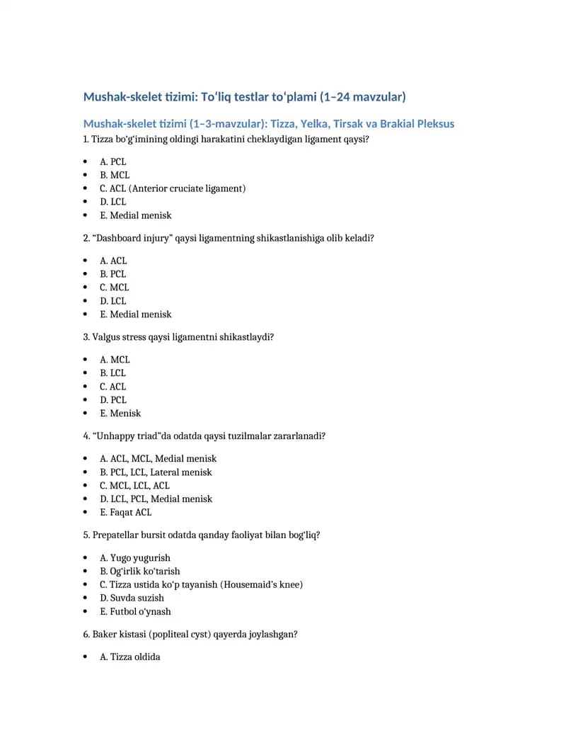Mushak-skelet tizimi: To‘liq testlar to‘plami (1–24 mavzular)