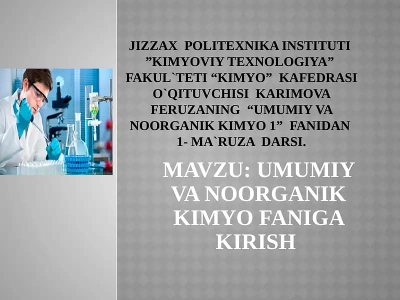 Umumiy va Noorganik Kimyo Faniga Kirish