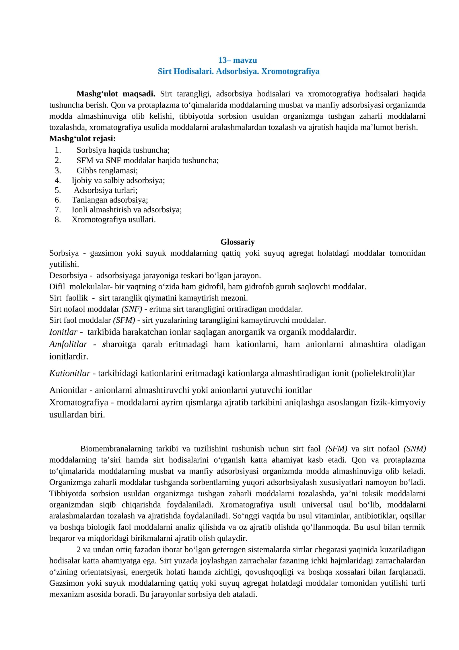 Sirt Hodisalari. Аdsorbsiya. Xromotografiya