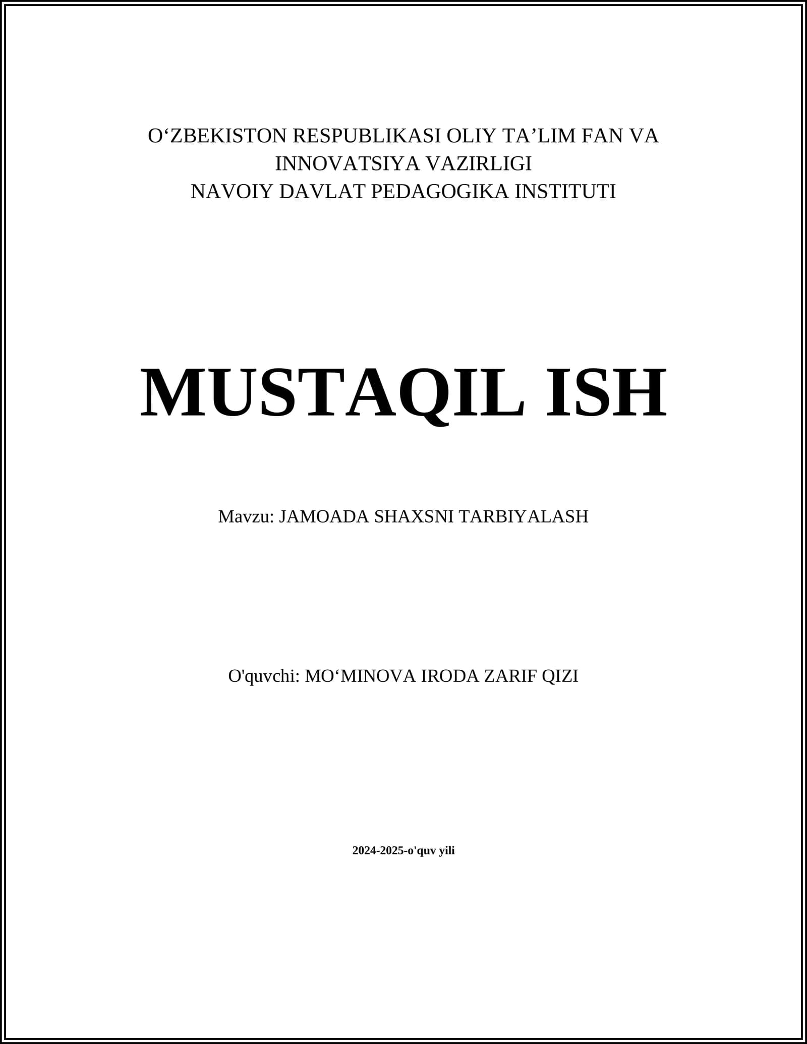 JAMOADA SHAXSNI TARBIYALASH