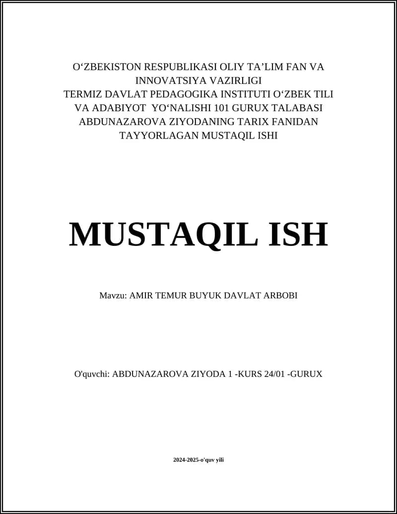 AMIR TEMUR BUYUK DAVLAT ARBOBI