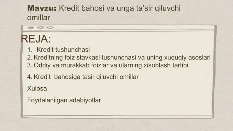 Kredit bahosi va unga taʼsir qiluvchi omillar