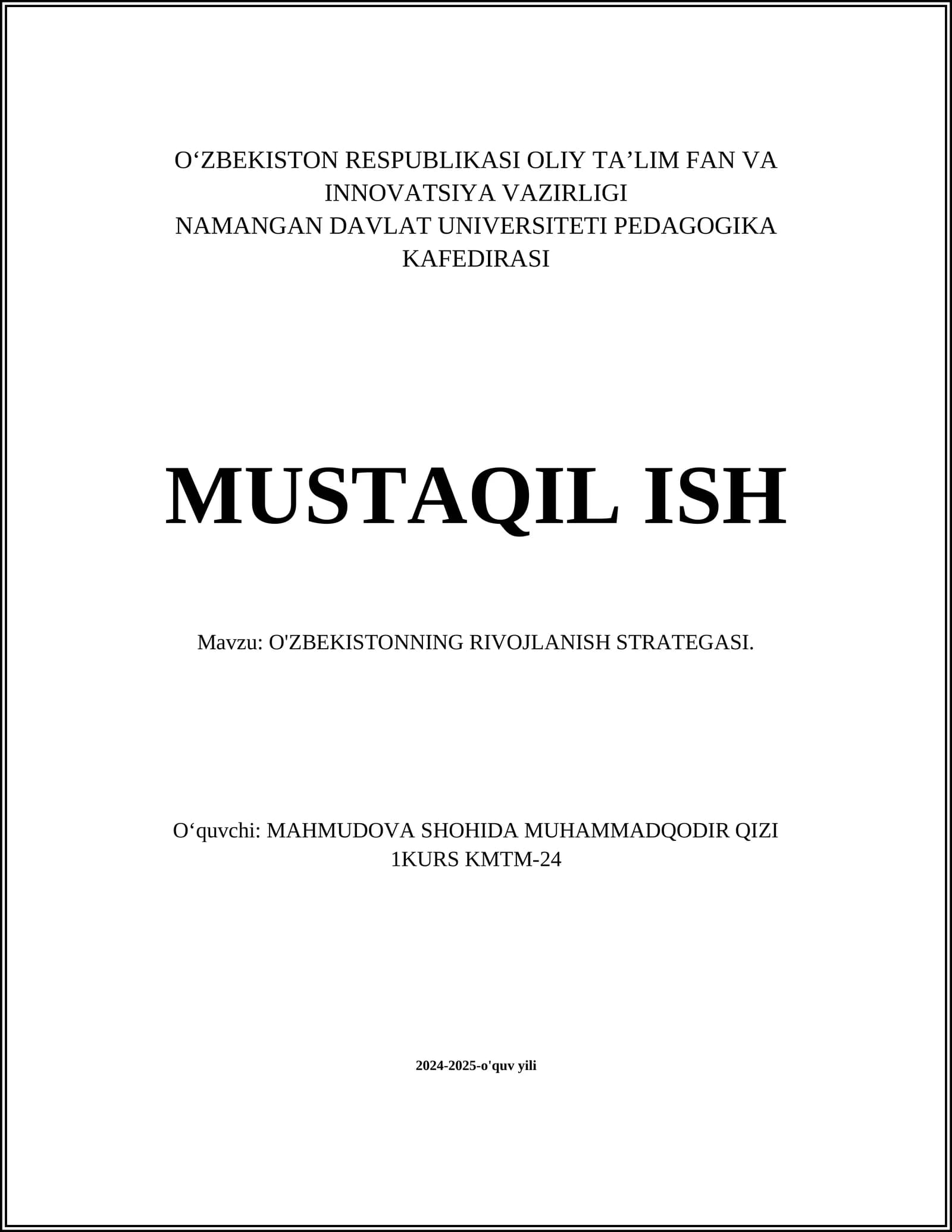O'ZBEKISTONNING RIVOJLANISH STRATEGASI
