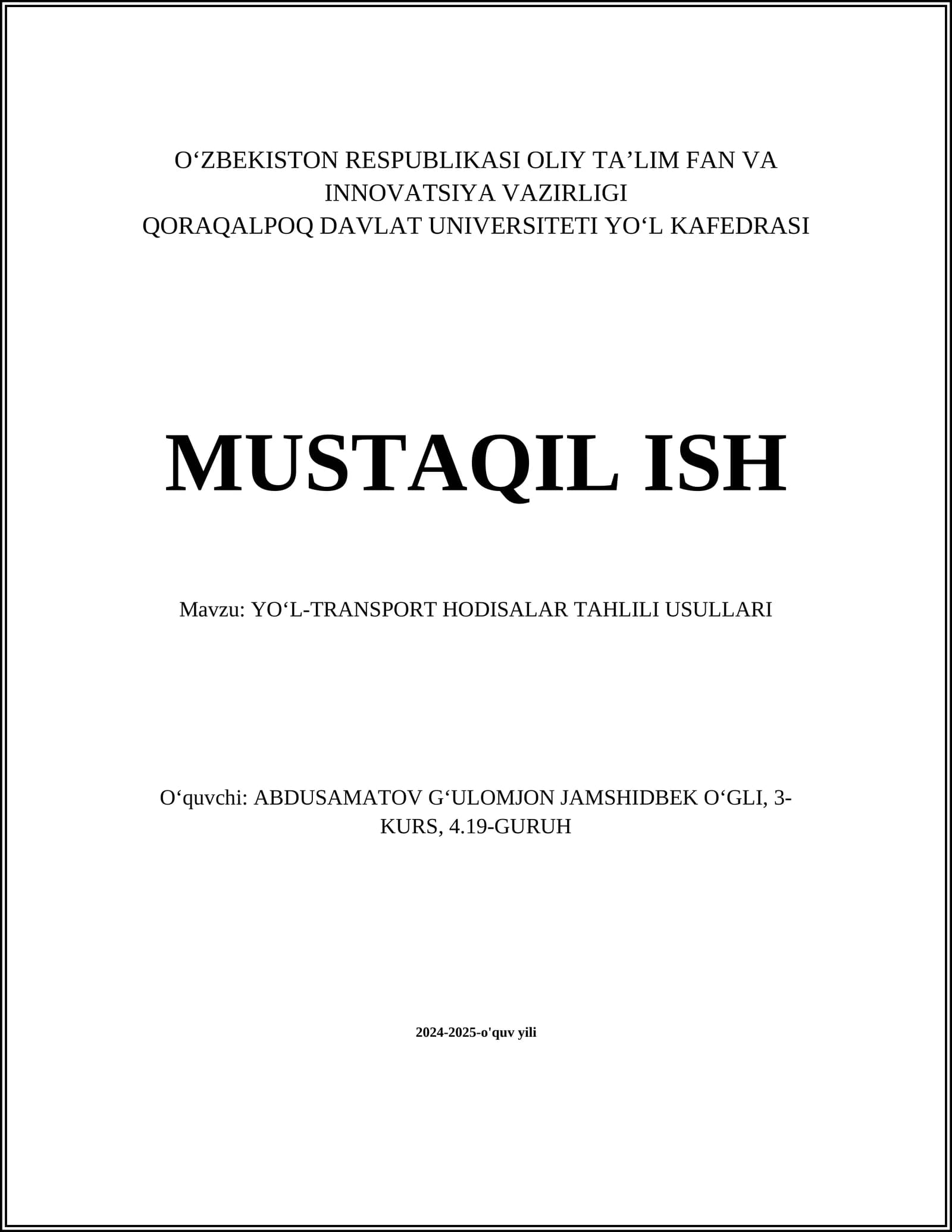 YO'ʻL-TRANSPORT HODISALAR TAHLILI USULLARI