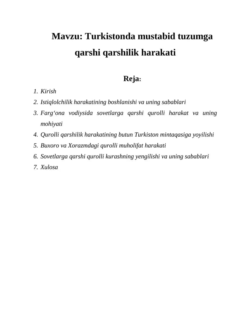 Turkistonda mustabid tuzumga qarshi qarshilik harakati
