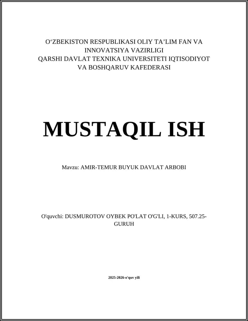 AMIR-TEMUR BUYUK DAVLAT ARBOBI