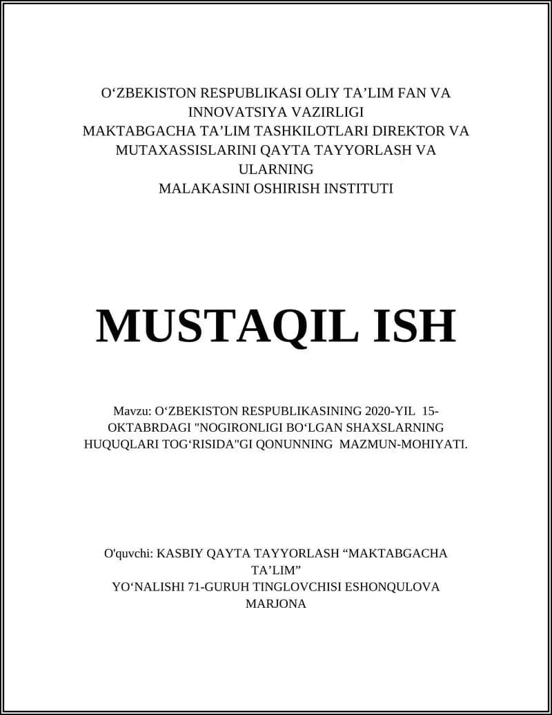 O‘ZBEKISTON RESPUBLIKASI OLIY TA’LIM FAN VA INNOVATSIYA VAZIRLIGI