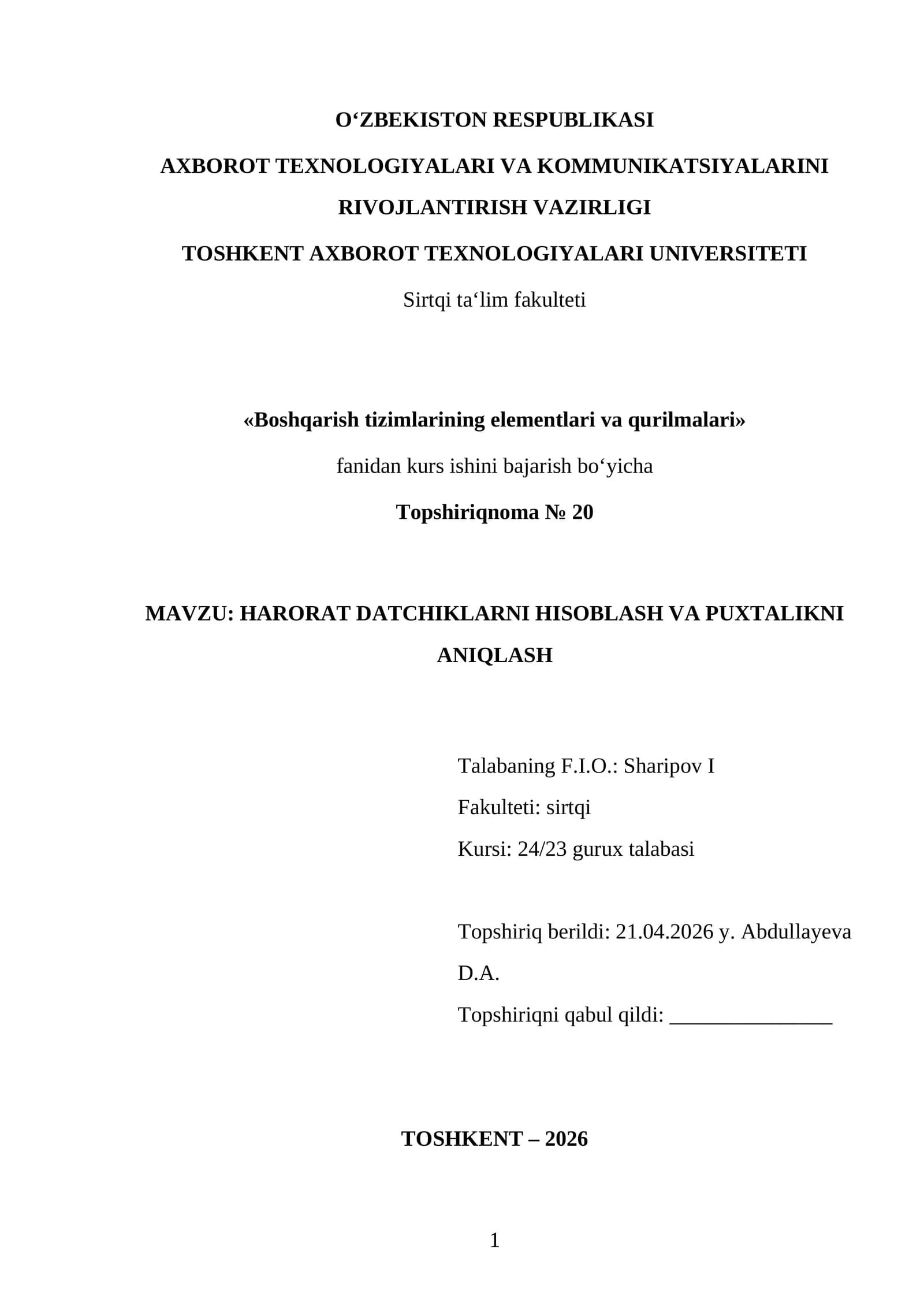 HARORAT DATCHIKLARNI HISOBLASH VA PUXTALIKNI ANIQLASH