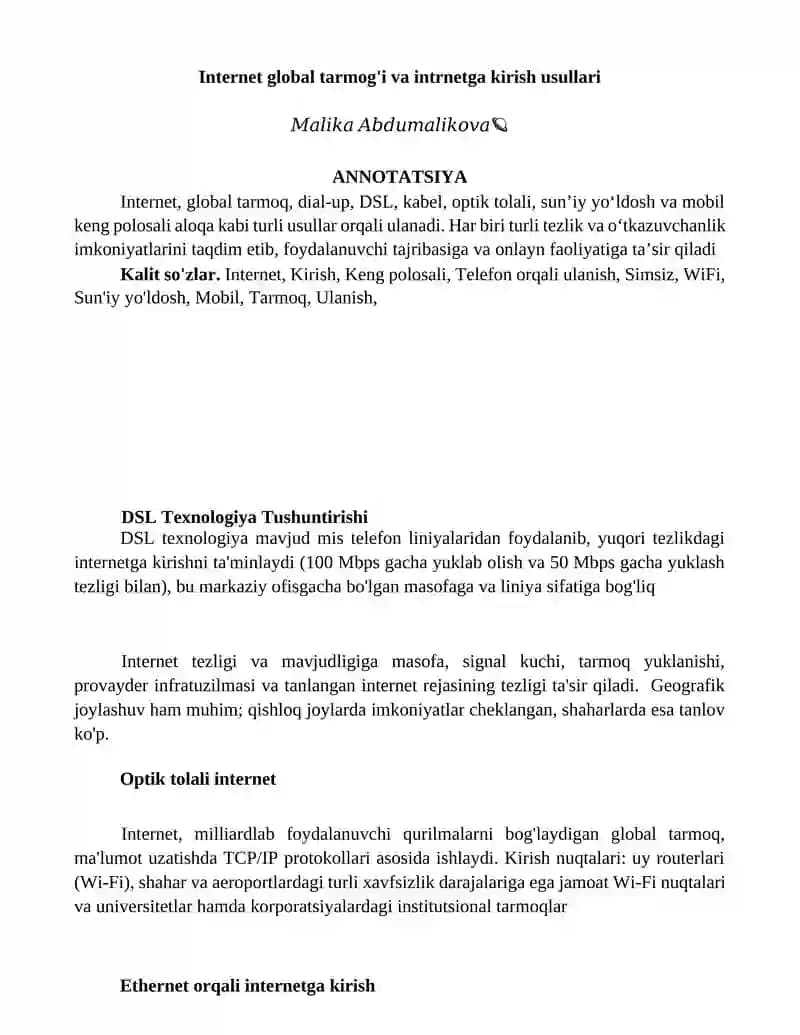Internet global tarmog'i va intrnetga kirish usullari