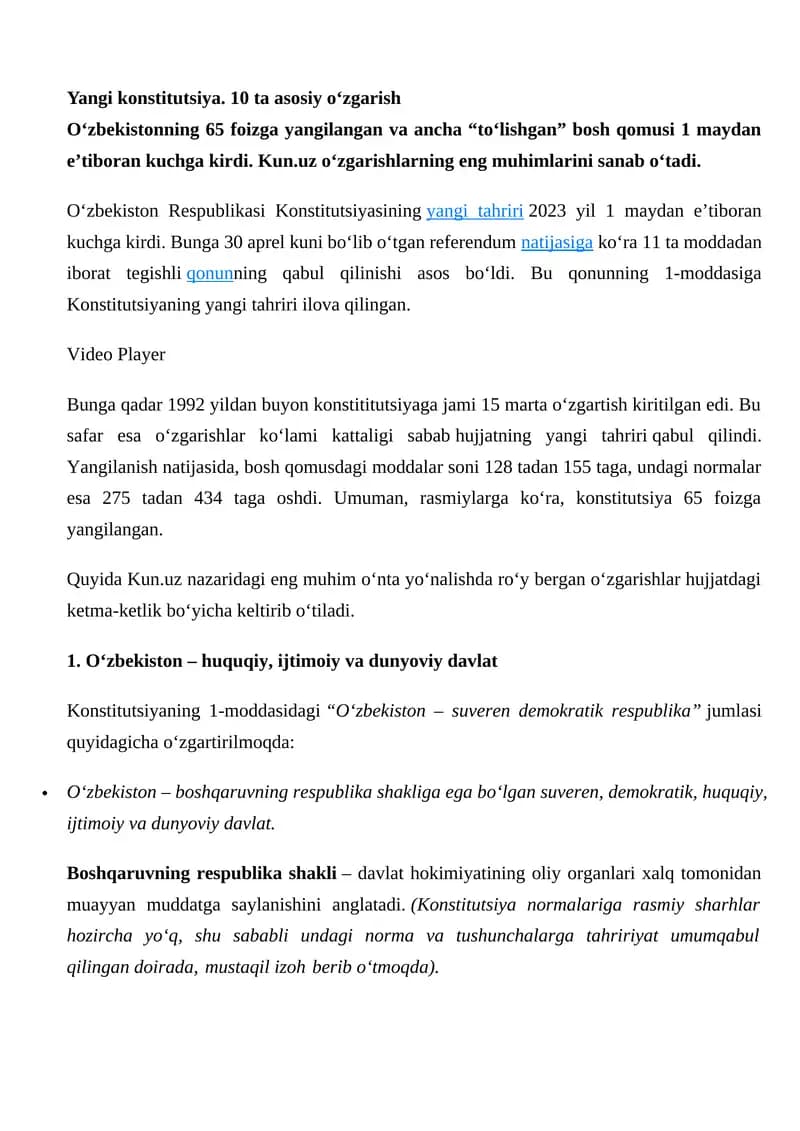 Yangi konstitutsiya. 10 ta asosiy o‘zgarish