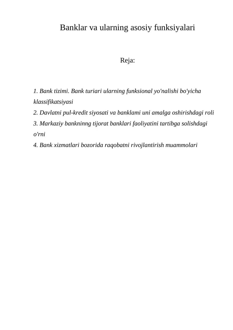 Banklar va ularning asosiy funksiyalari