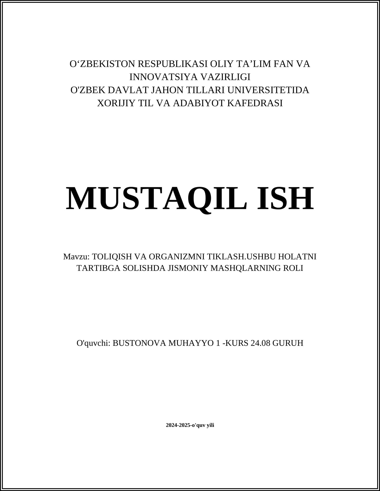 Toliqish va organizmni tiklash