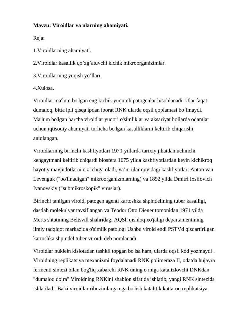 Viroidlar va ularning ahamiyati.