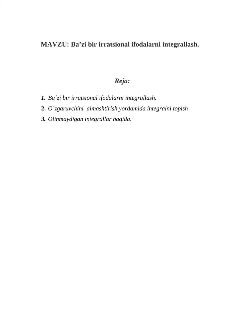 Ba'zi bir irratsional ifodalarni integrallash