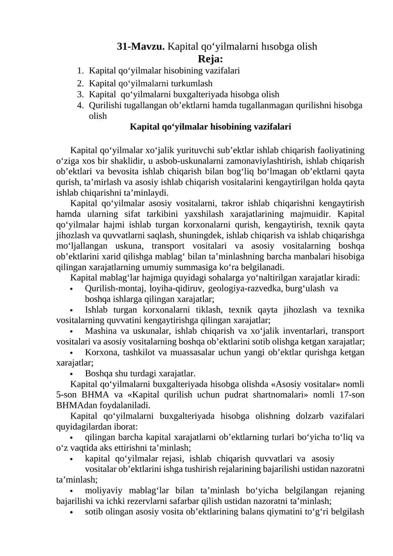 Kapital qo‘yilmalarni hisobga olish