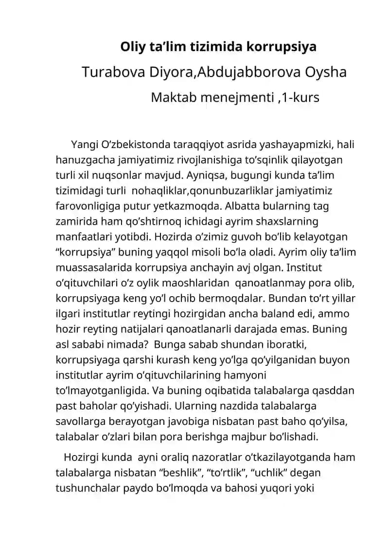 Korrupsiya Oliy Ta'lim Tizimida