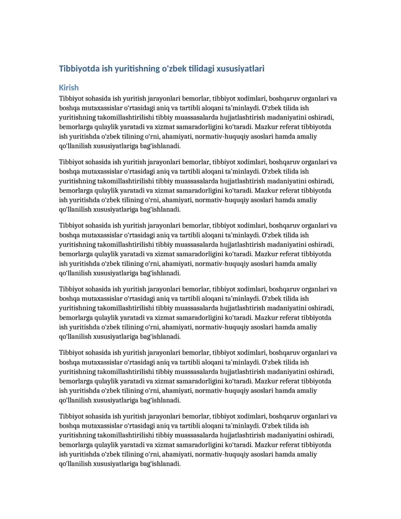 Tibbiyotda ish yuritishning o'zbek tilidagi xususiyatlari