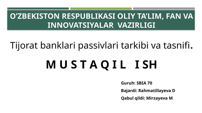 Tijoratbanklari passivlari tarkibini tasnifi