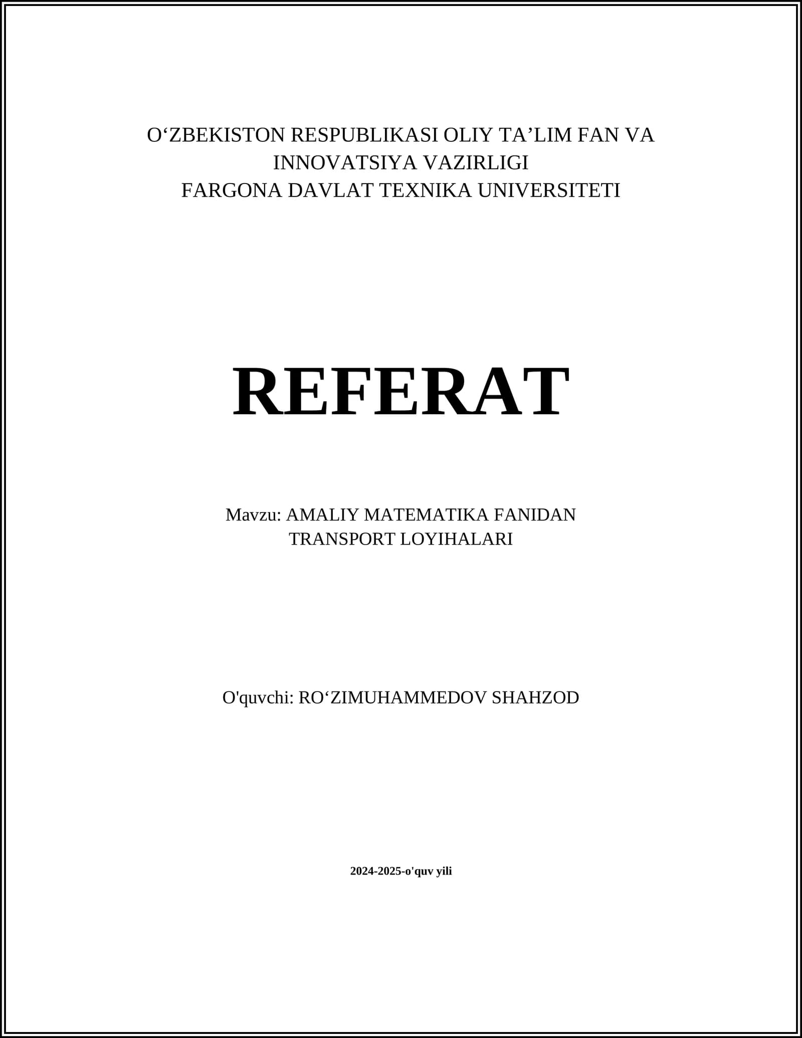 AMALIY MATEMATIKA FANIDAN TRANSPORT LOYIHALARI