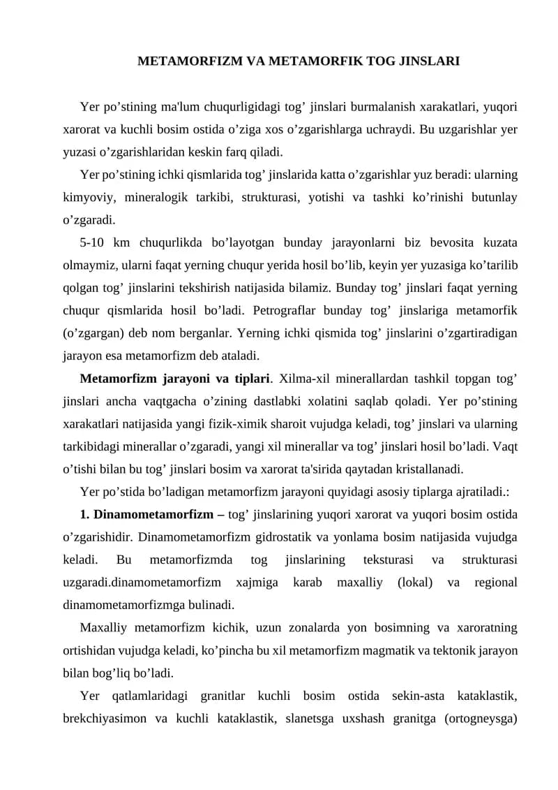 Metamorfizm va Metamorfik Tog Jinslari